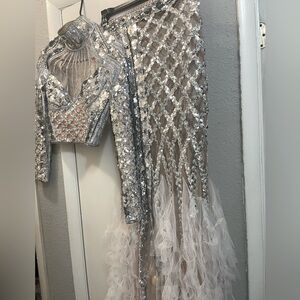 Silver sequins,nude mesh two piece for birthday,party,club,etc